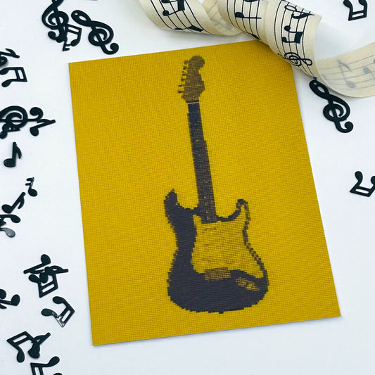 colourful postcard of the original embroidery design of a fender strat