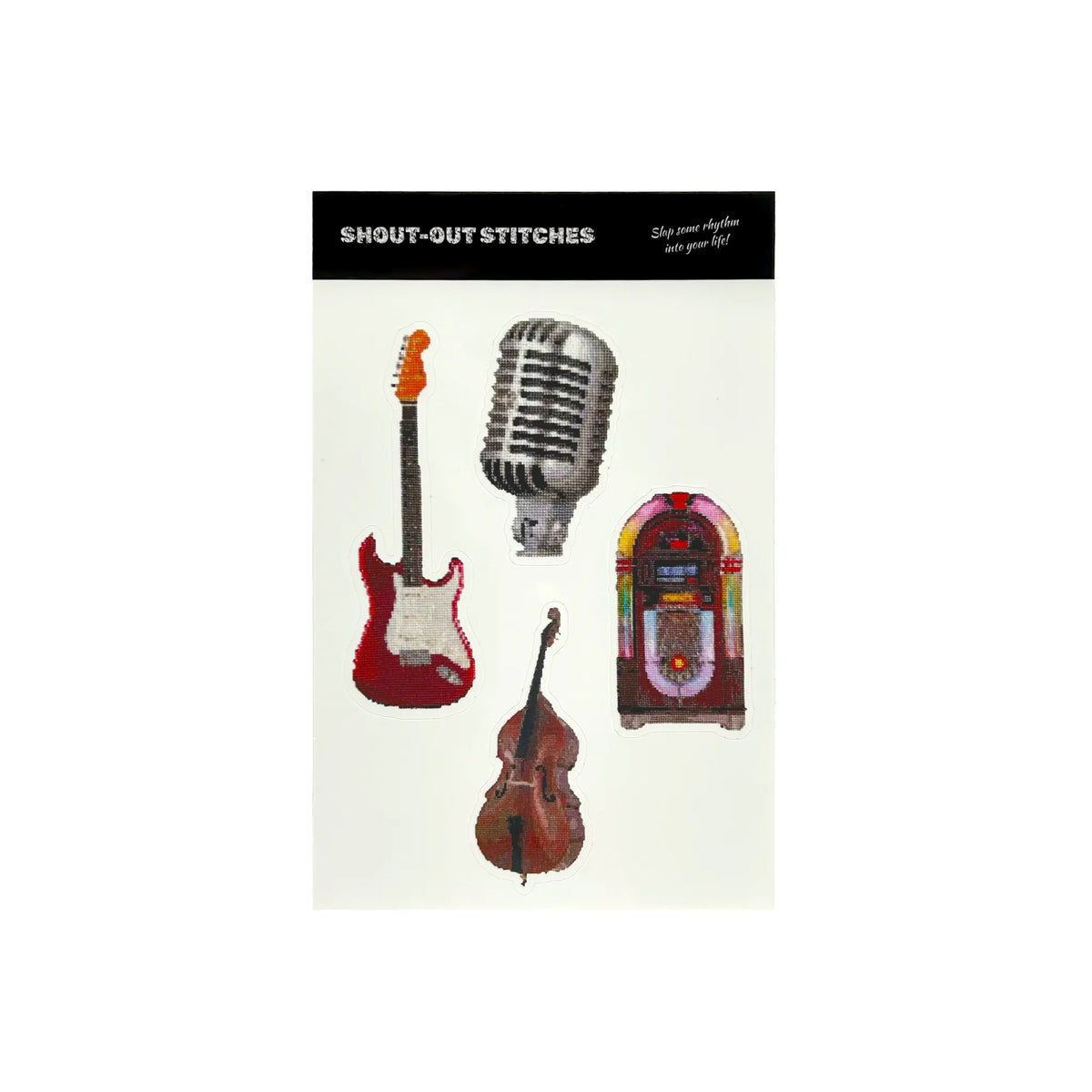 stickers of the original embroidery designs of the vintage mic fender strat retro jukebox and double bass