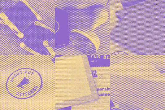 collage of six images. Floss thread, logo stamp, backing boards, stamped logo cookie bag, thank you and personal note cards, aida fabric all in a faded and screen filter making the images look a bit vintage