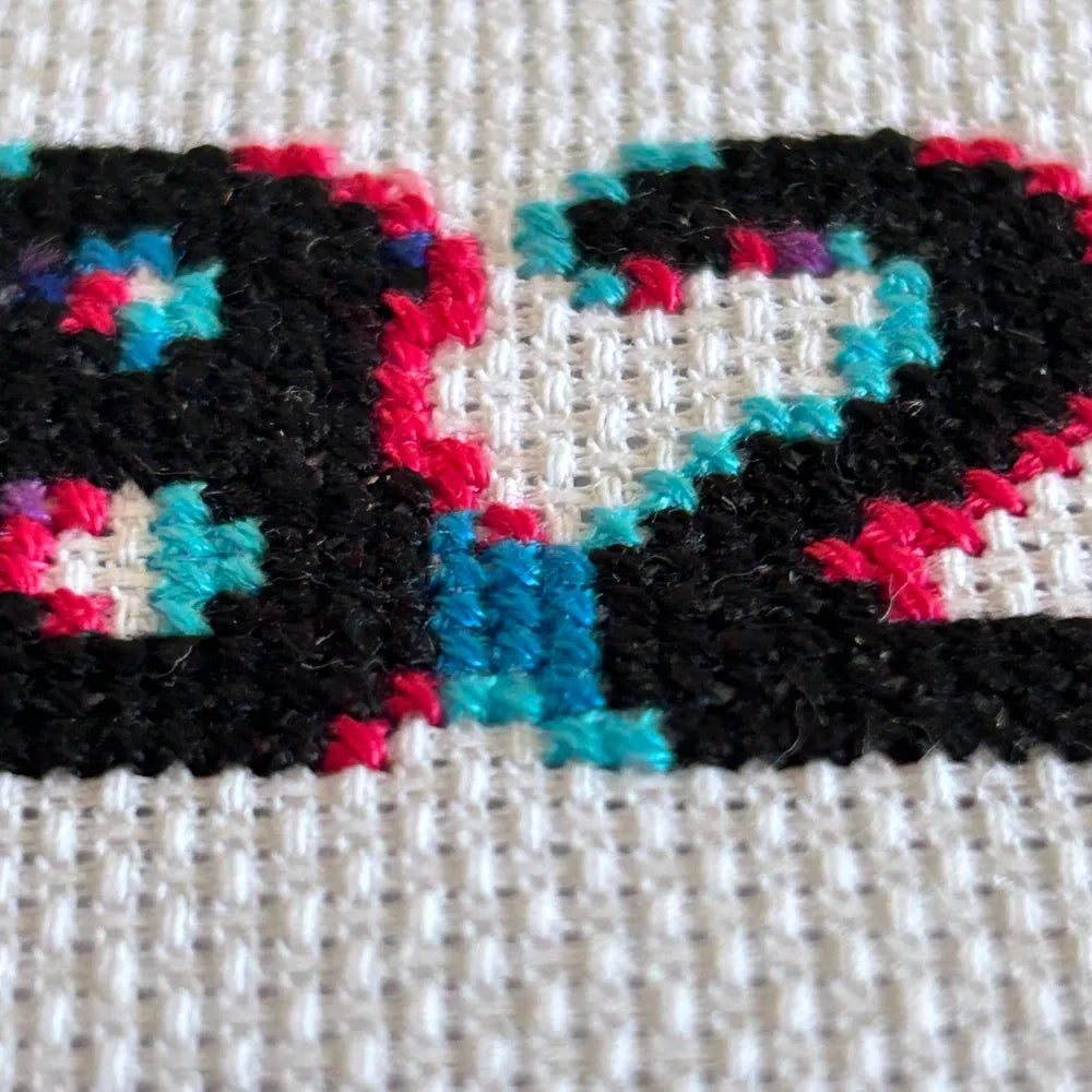 close up of threads of the glitch effect 1982 on white fabric, black numbers with pink and blue glitch shadows.