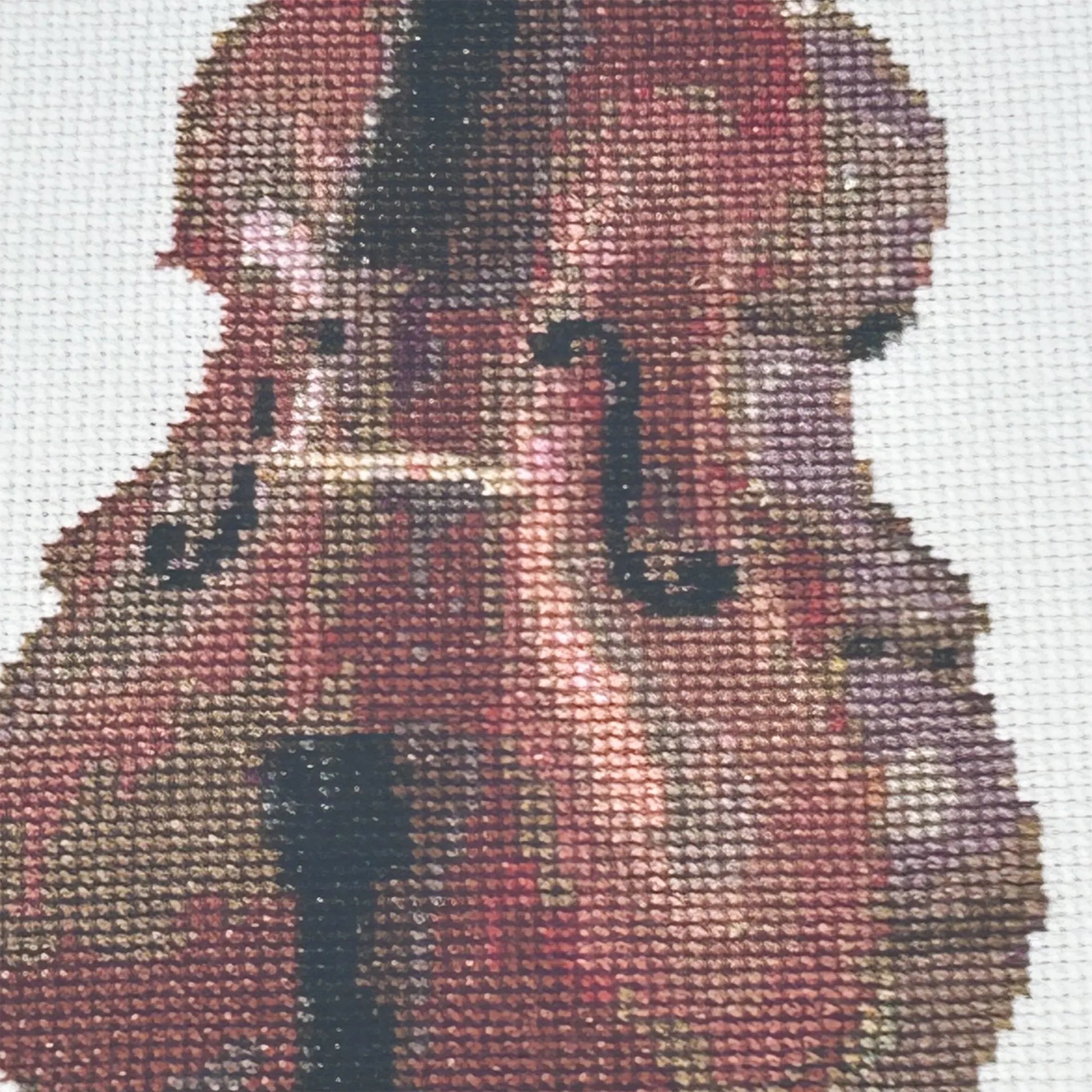 close up of the A4 art print of the original embroidery design of a double bass realistic stitch and fabric details