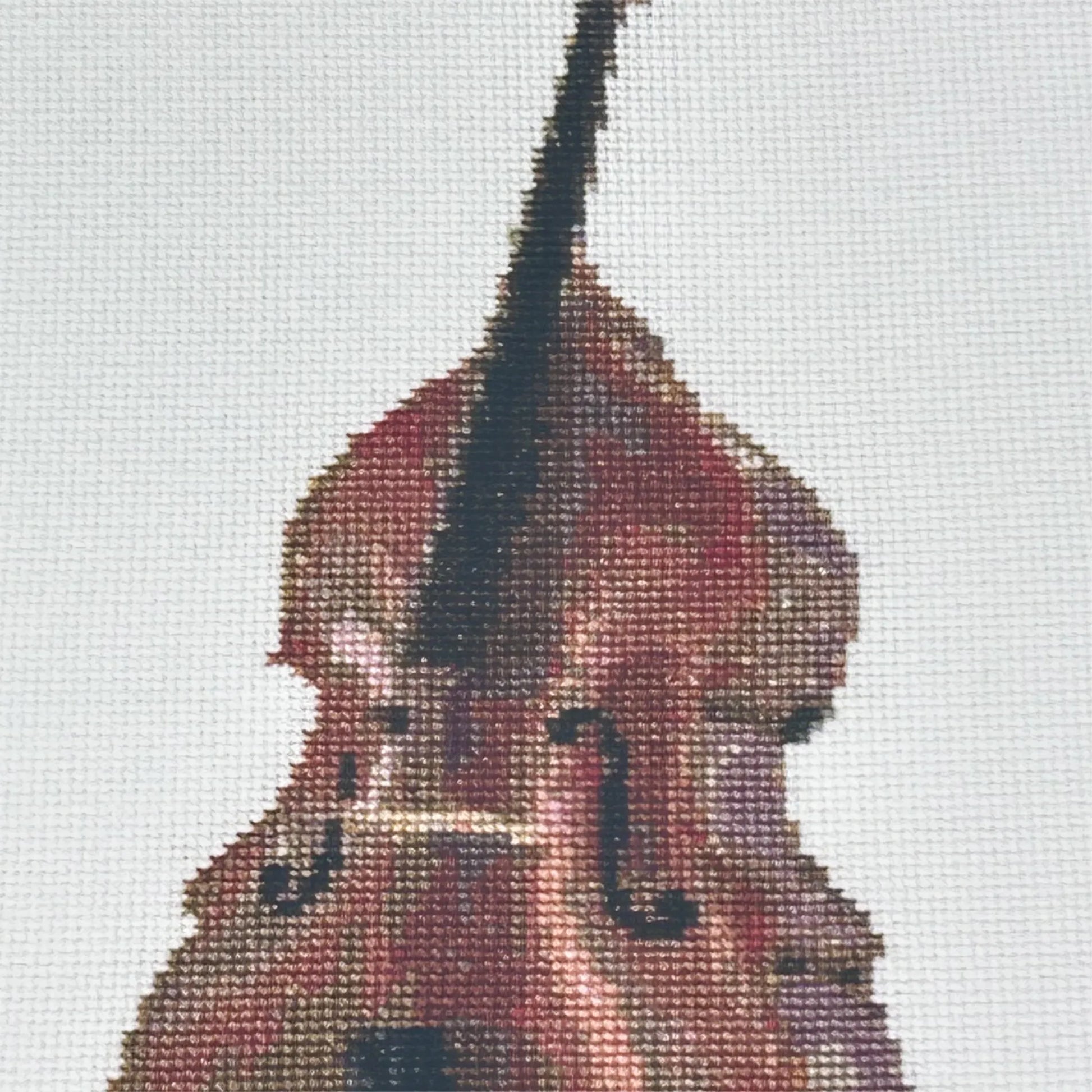close up the A5 art print of the original embroidery design of a double bass showing realistic stitches and fabric