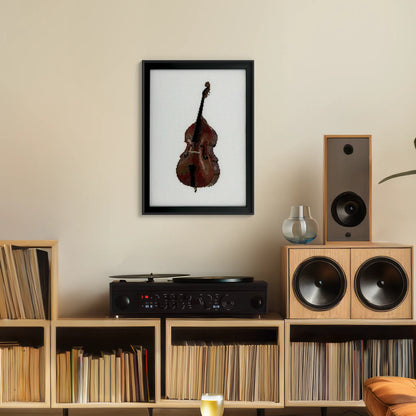 cross stitch of a double bass on white fabric framed and hung up on a wall above a record player