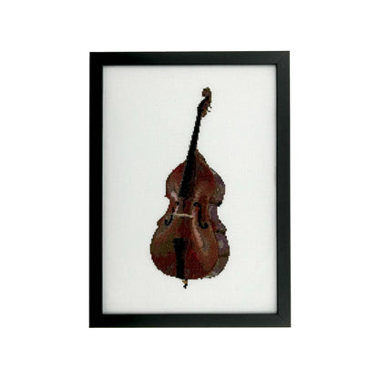 Framed cross stitch of a double bass on white fabric