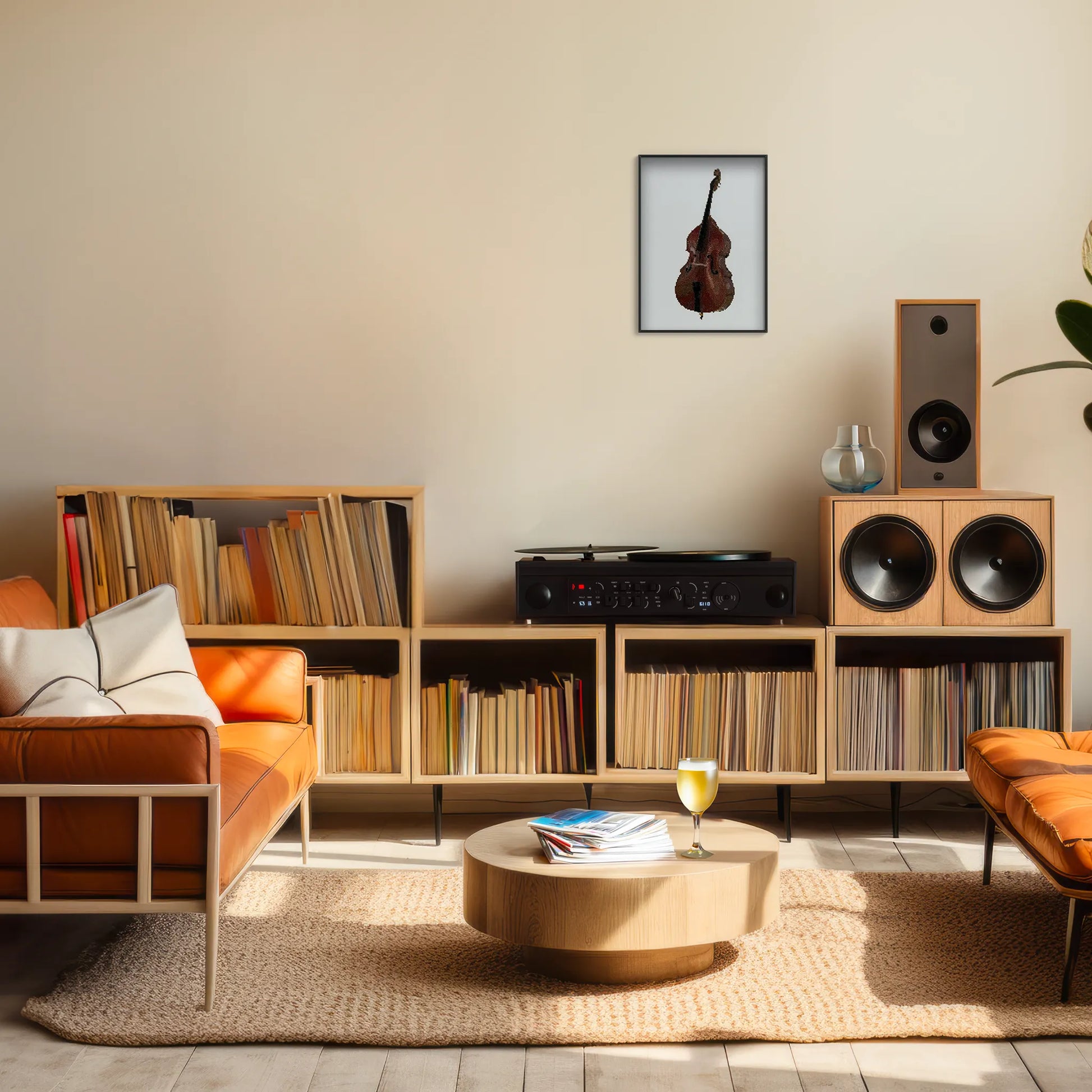 A4 print of the original embroidery design of a double bass framed and hung up on a living room wall