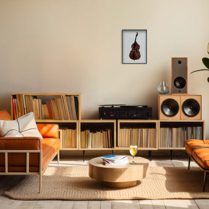 A4 print of the original embroidery design of a double bass framed and hung up on a living room wall