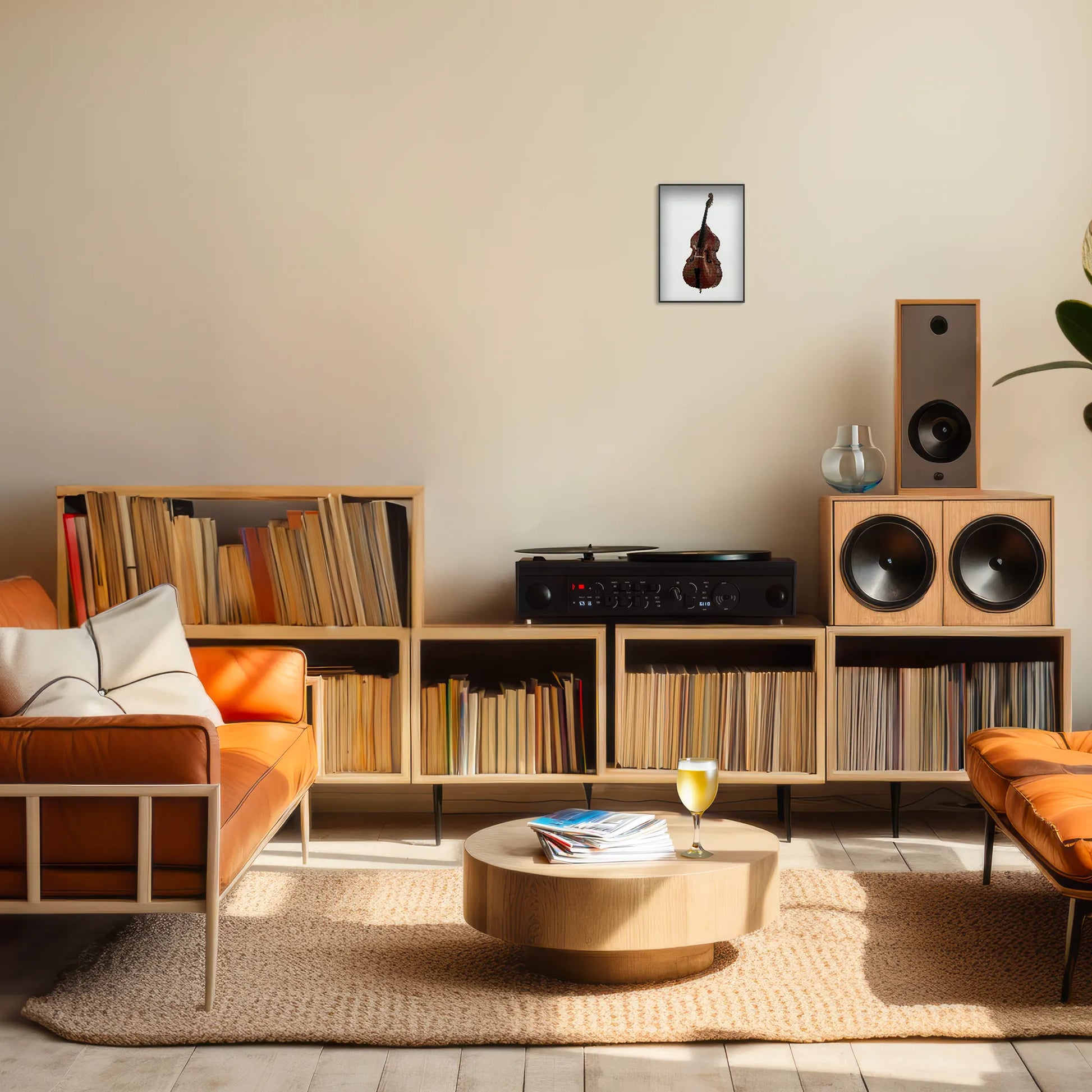 A5 print of the original embroidery design of a double bass framed and hung up on a living room wall