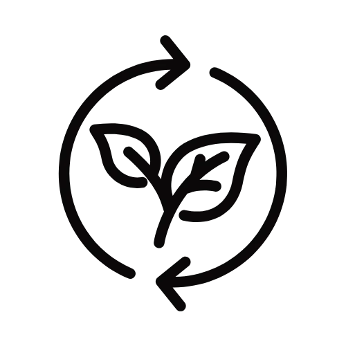Black circular icon with two leaves and arrows on a white background