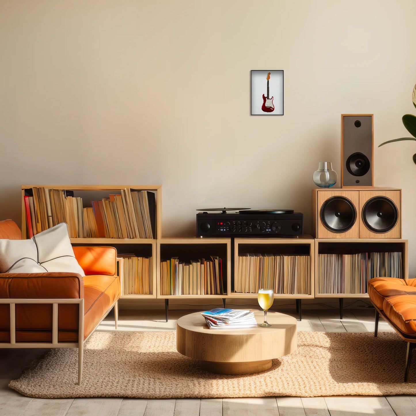  A5 print of the original embroidery design of a fender strat framed and hung up on a living room wall