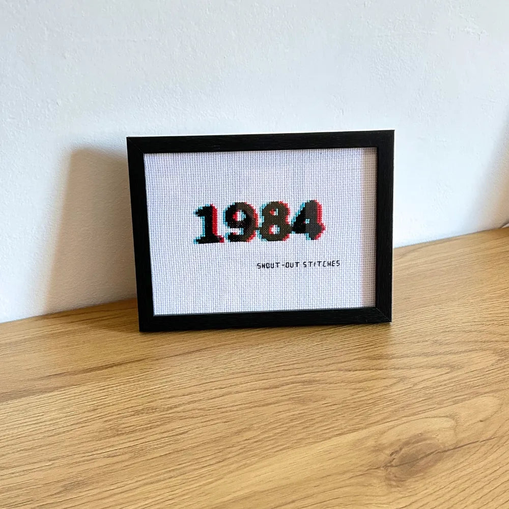 1984 in red and blue glitch effect framed