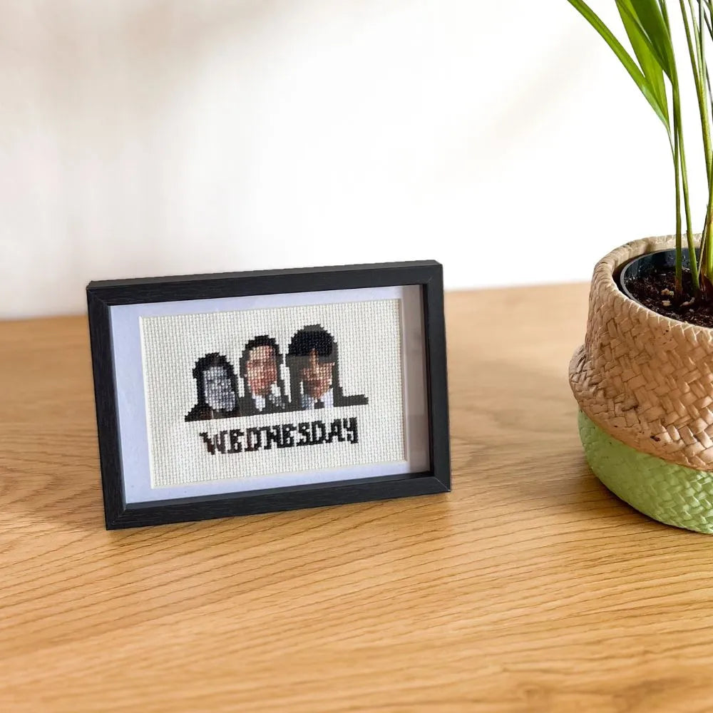 Framed Wednesday Addams embroidery of all three Wednesdays throughout the years.