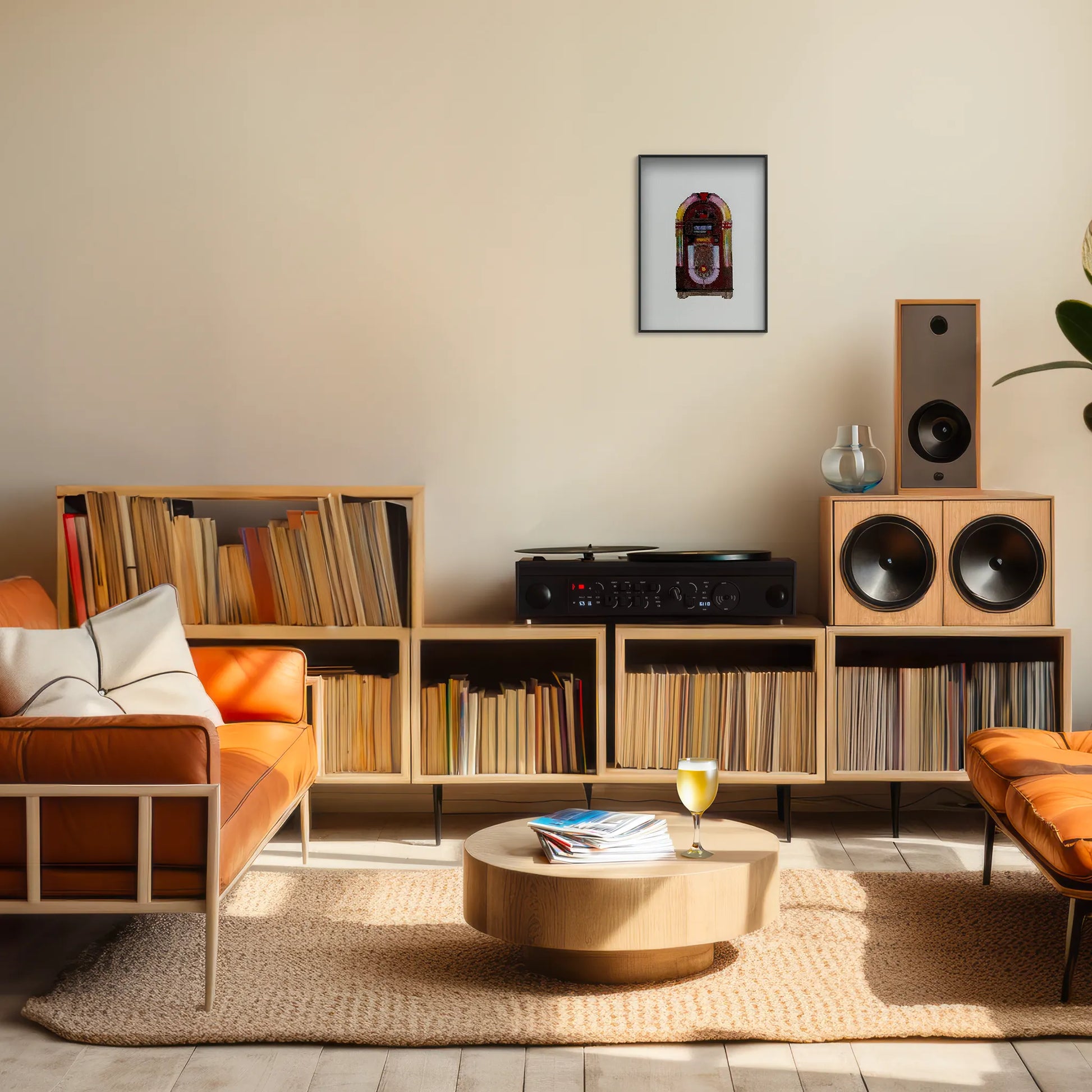 A4 print of the original embroidery design of a retro jukebox framed and hung up on a living room wall