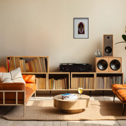 A4 print of the original embroidery design of a retro jukebox framed and hung up on a living room wall