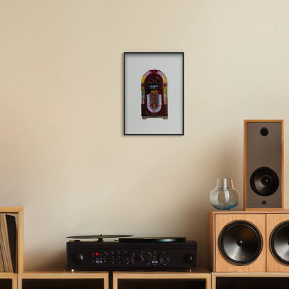 A4 print of the original embroidery design of a retro jukebox framed and hung up on a wall above a record player