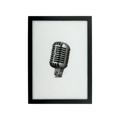 Framed artwork of a vintage microphone on a white background