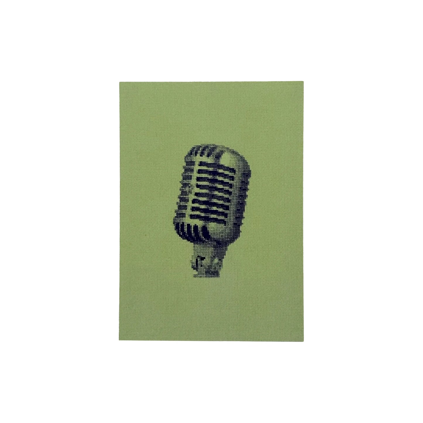 postcard of the shure 55SH mic original embroidery greyscale mic on a green background