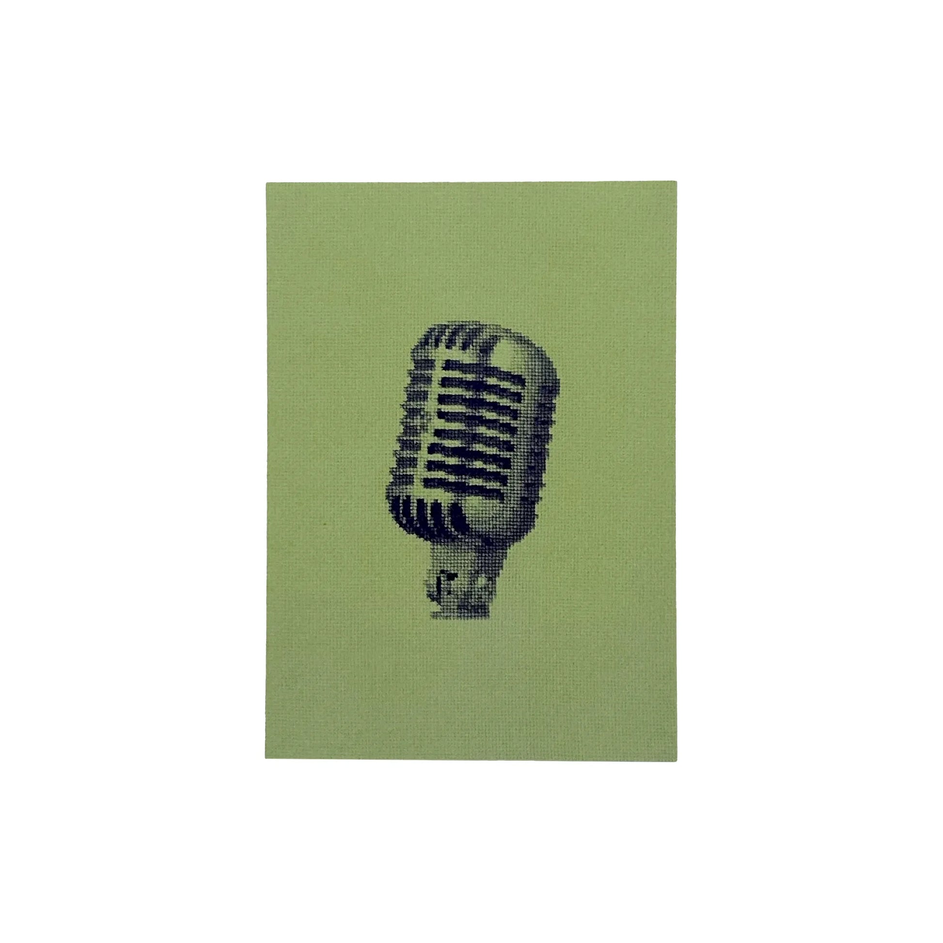 postcard of the shure 55SH mic original embroidery greyscale mic on a green background