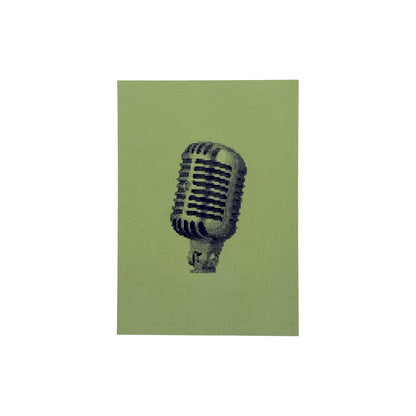 postcard of the shure 55SH mic original embroidery greyscale mic on a green background
