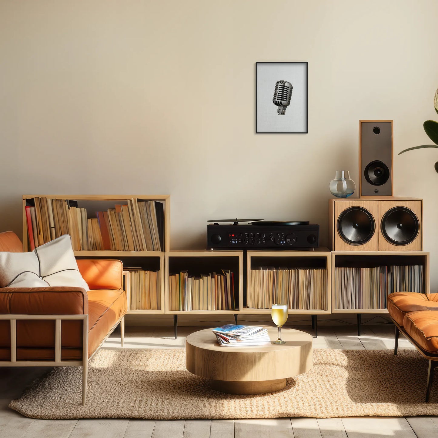 A4 print of the original embroidery design of a vintage mic framed and hung up on a living room wall