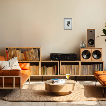 A5 print of the original embroidery design of a retro mic framed and hung up on a living room wall