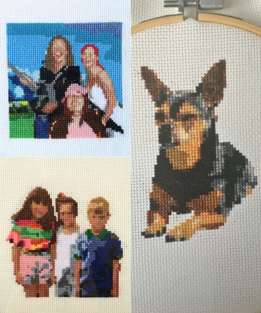 Examples of commissioned embroidery from photos. A dog laying down, three childhood friends, three female friends at a festival.