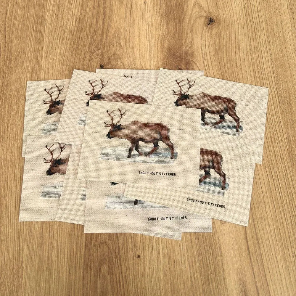 reindeer in the snow print, cross stitch style, A6 size