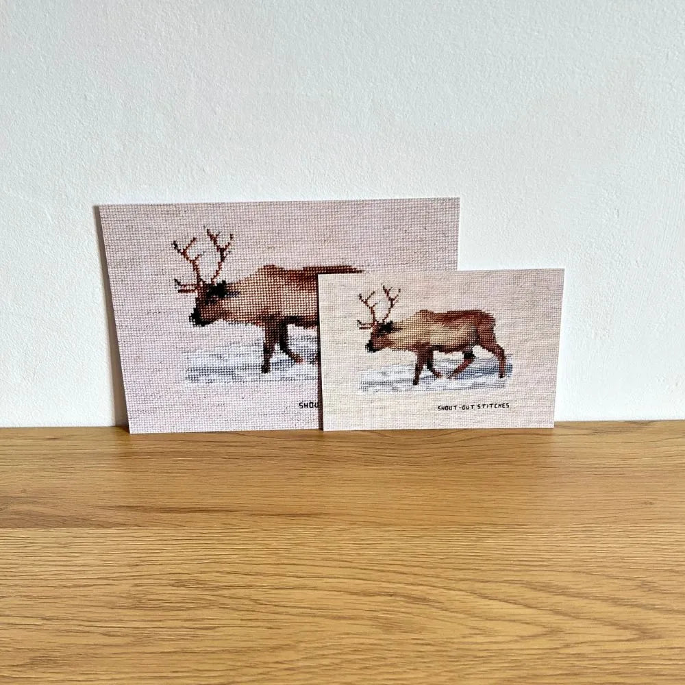 reindeer in the snow embroidered style prints A5 and A6 side by side