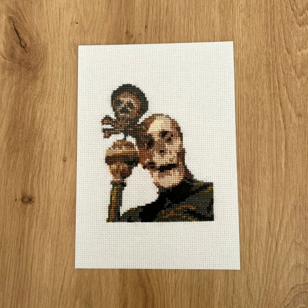 robed skeleton A5 art print in cross stitch style