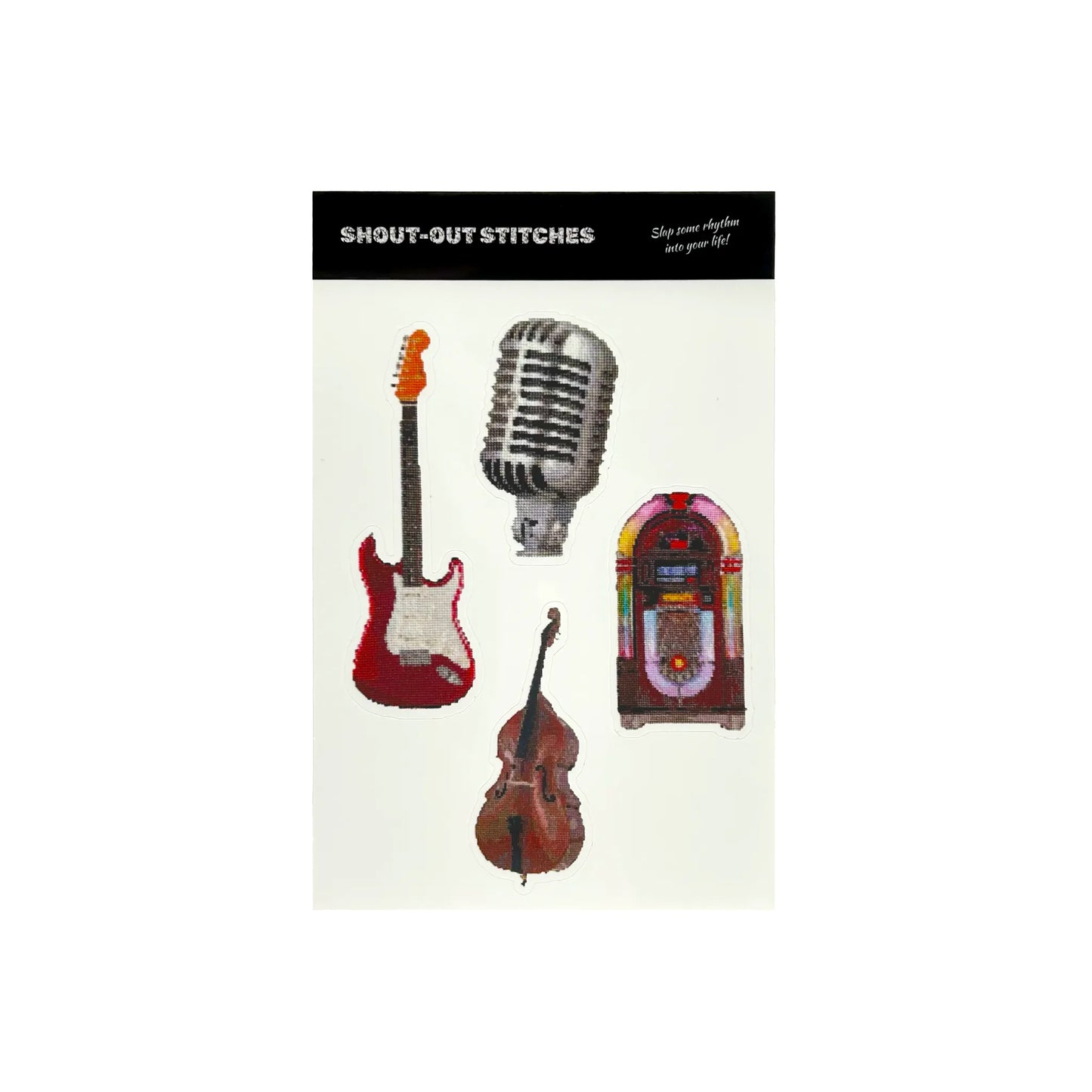 stickers of the original embroidery designs of the vintage mic fender strat retro jukebox and double bass