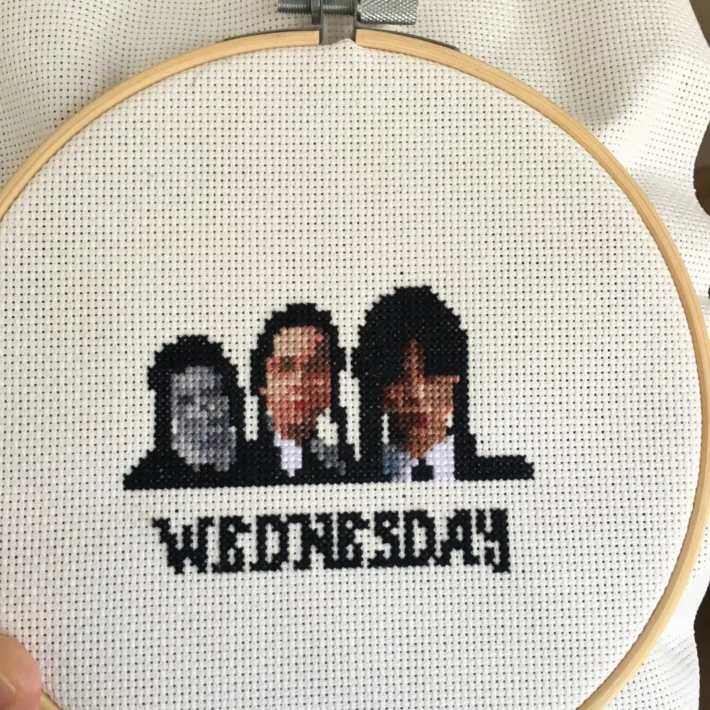 Wednesday Addams embroidery of all three Wednesdays throughout the years.