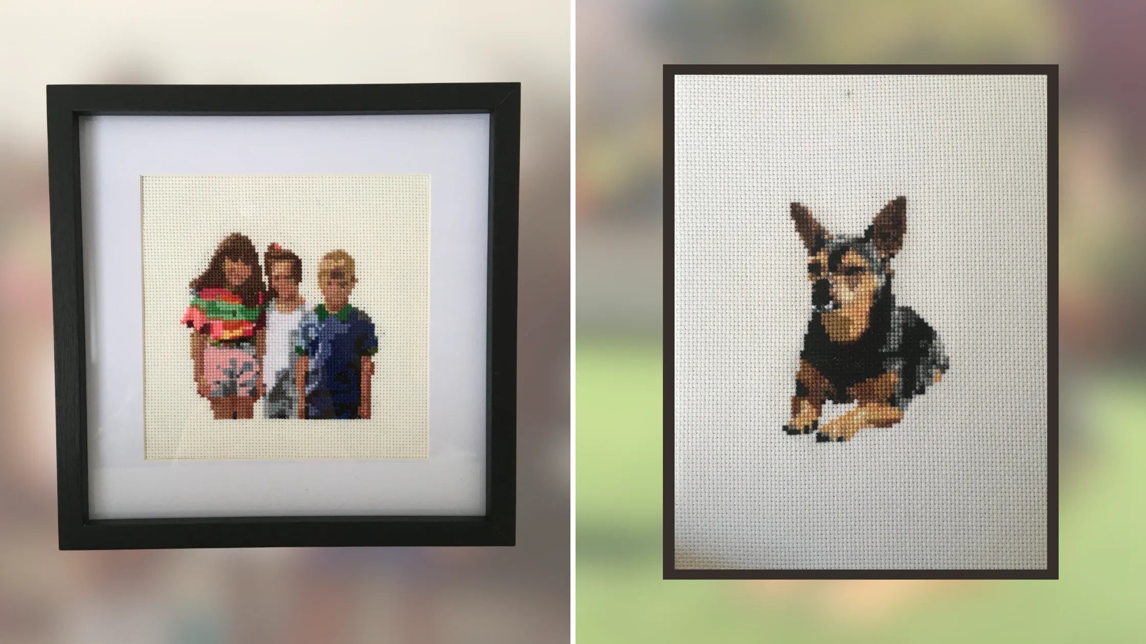 Left image a portrait of 3 young childhood friends in cross stitch. Right image a pet portrait of a dog lying down in cross stitch.