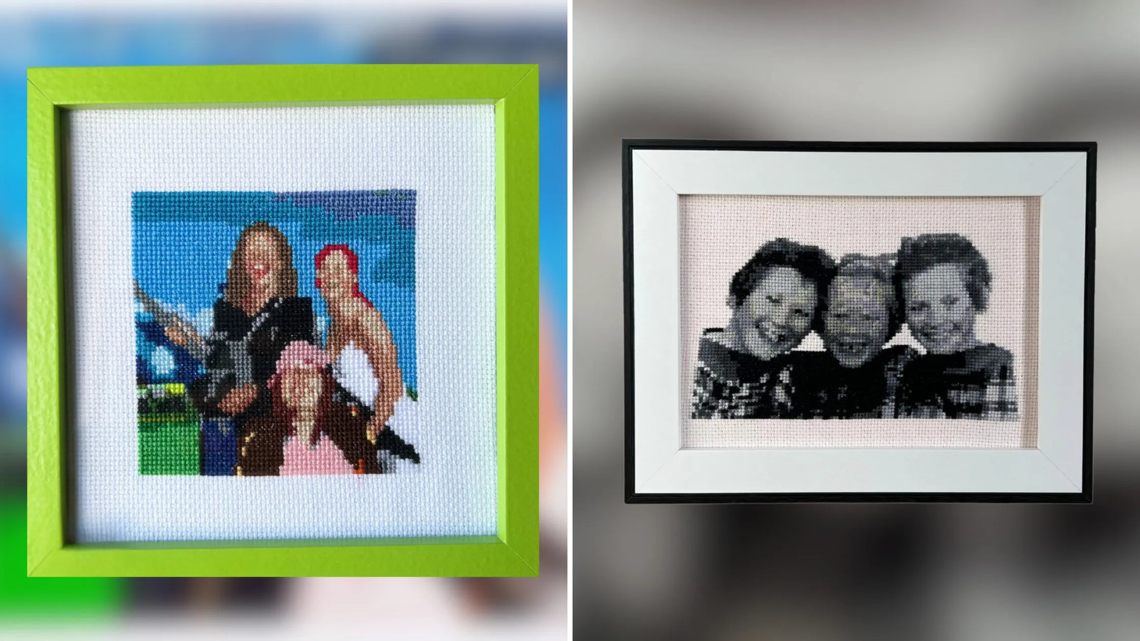 Left image is a portrait of three friends at a festival in cross stitch. Right image is a portrait of three sisters when they were children in cross stitch.