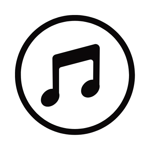 Black music note symbol in a circle on a white background