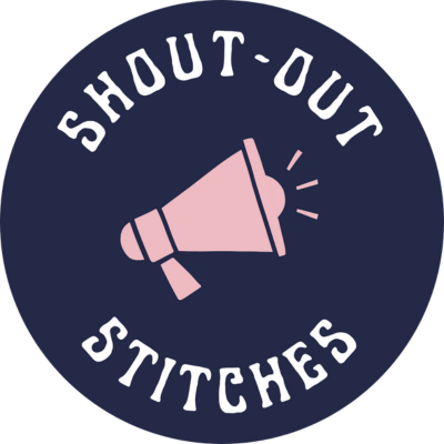 shout out stitches circular logo with megaphone in the centre and text arched about and below it.